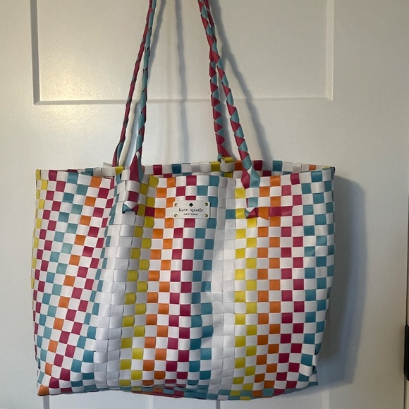 KATE SPADE Multicolor Basket Weave Woven Rainbow Beach Tote LargeShopping Bag - Picture 1 of 13